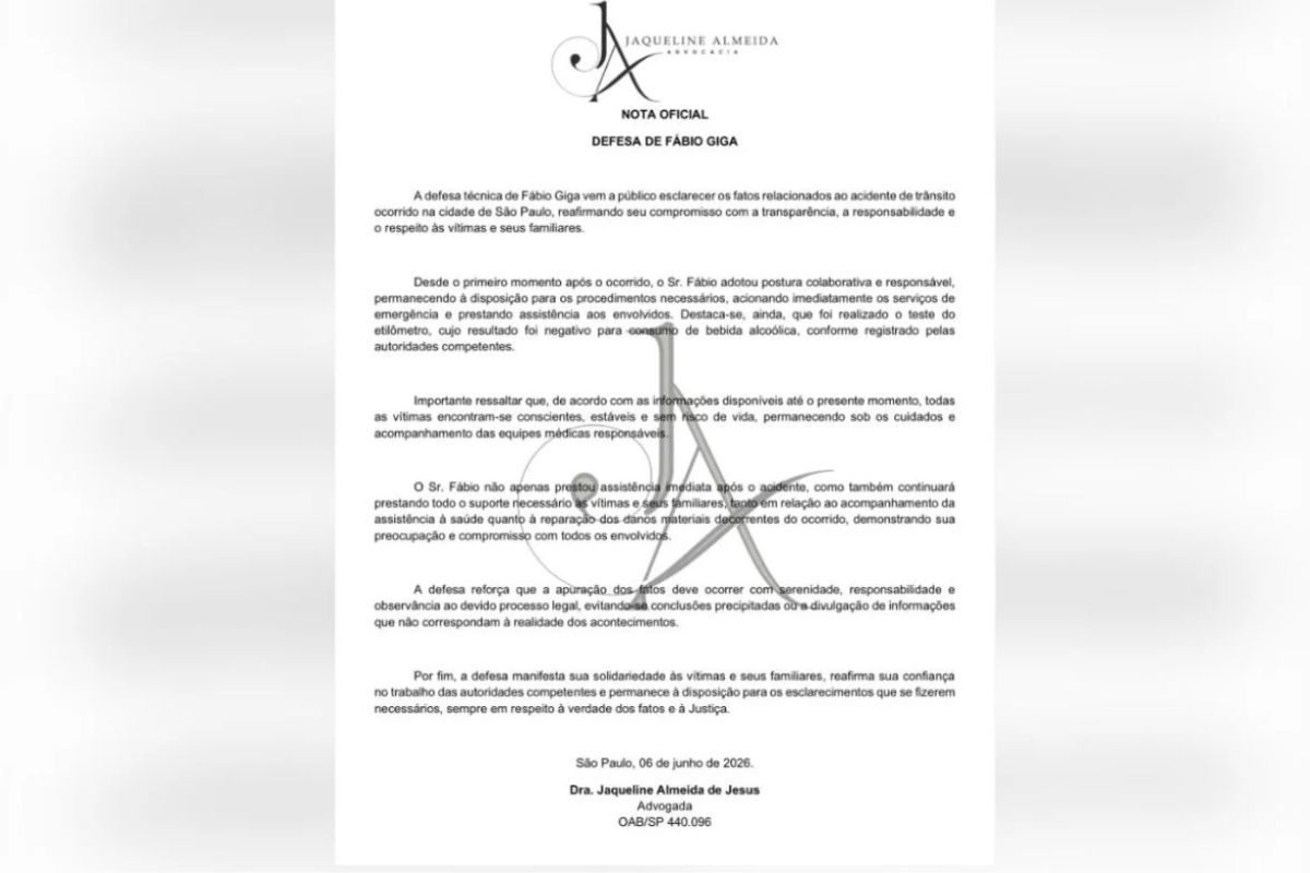 A defesa de Fábio Giga divulgou nota oficial buscando esclarecer os fatos e demonstrar compromisso com as vítimas do acidente