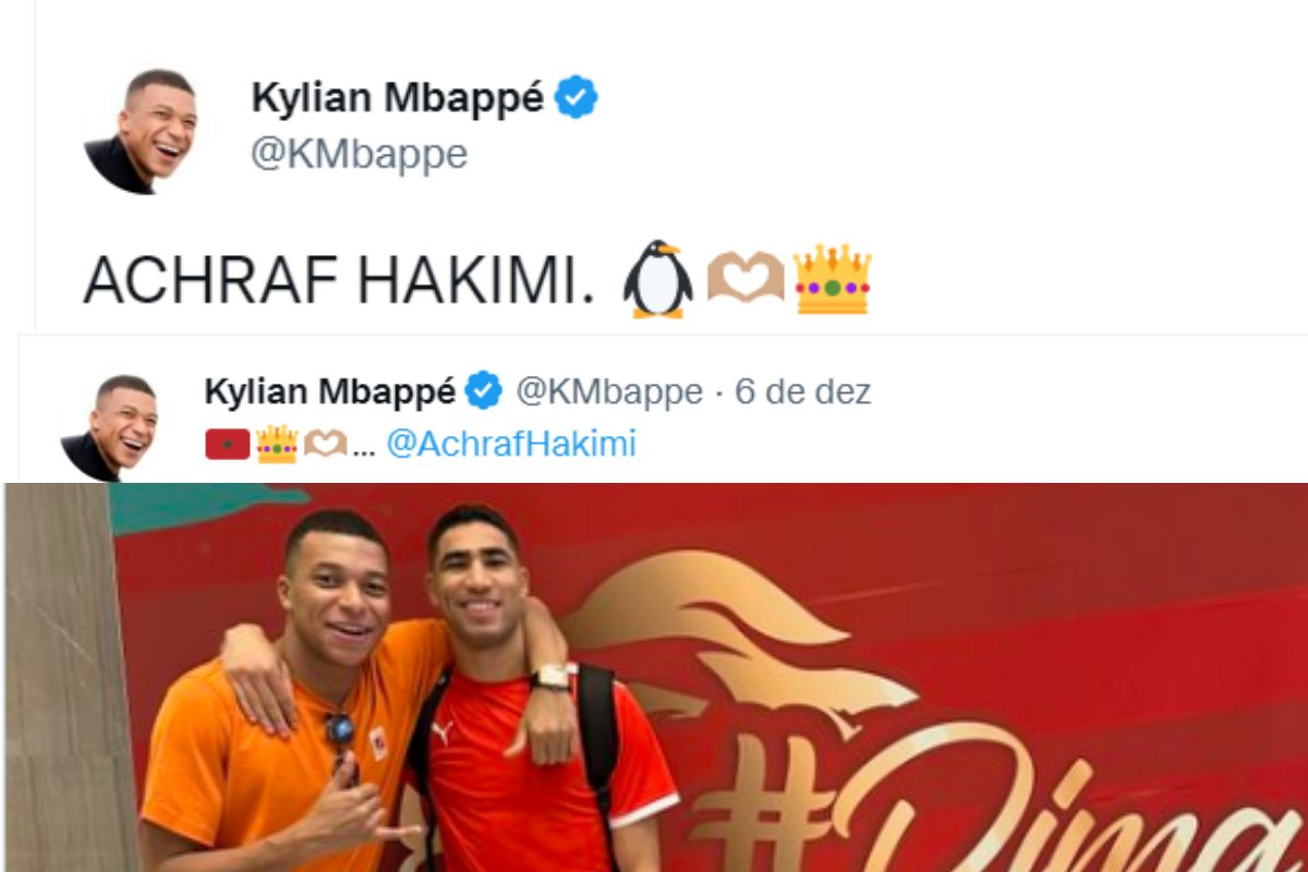 Posts de Mbappé sobre Hakimi no Twitter. Imagem: reprodução/Twitter @KMbappe