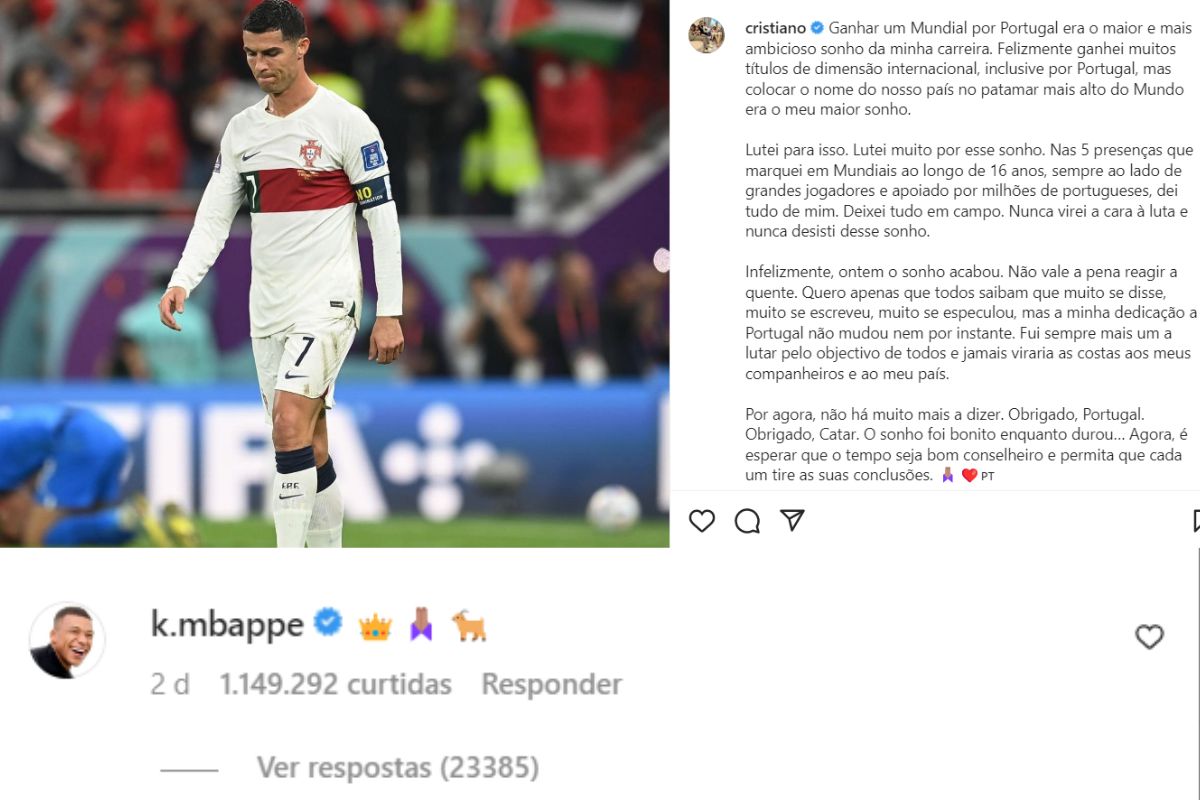Texto de CR7 e comentário de Mbappé. Imagem: reprodução/Instagram @cristiano