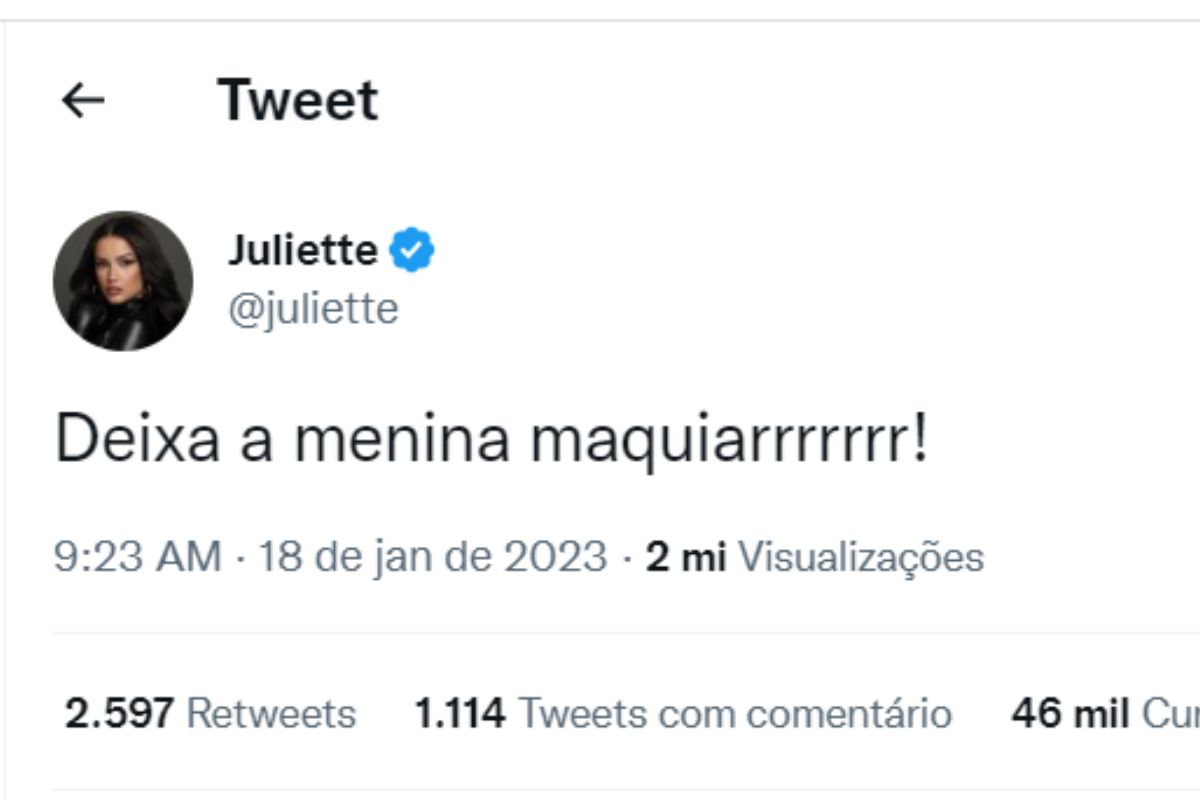 Print da fala de Juliette no Twitter. Imagem: reprodução Twitter @juliette