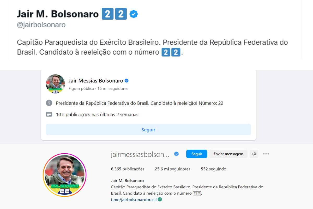 Prints das principais redes de Bolsonaro. Imagem: reprodução/Twitter, Facebook e Instagram