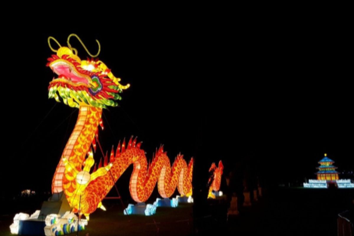 O dragão, símbolo de sabedoria e prosperidade, serpenteia em luz no Festival das Lanternas - Imagem: Reprodução