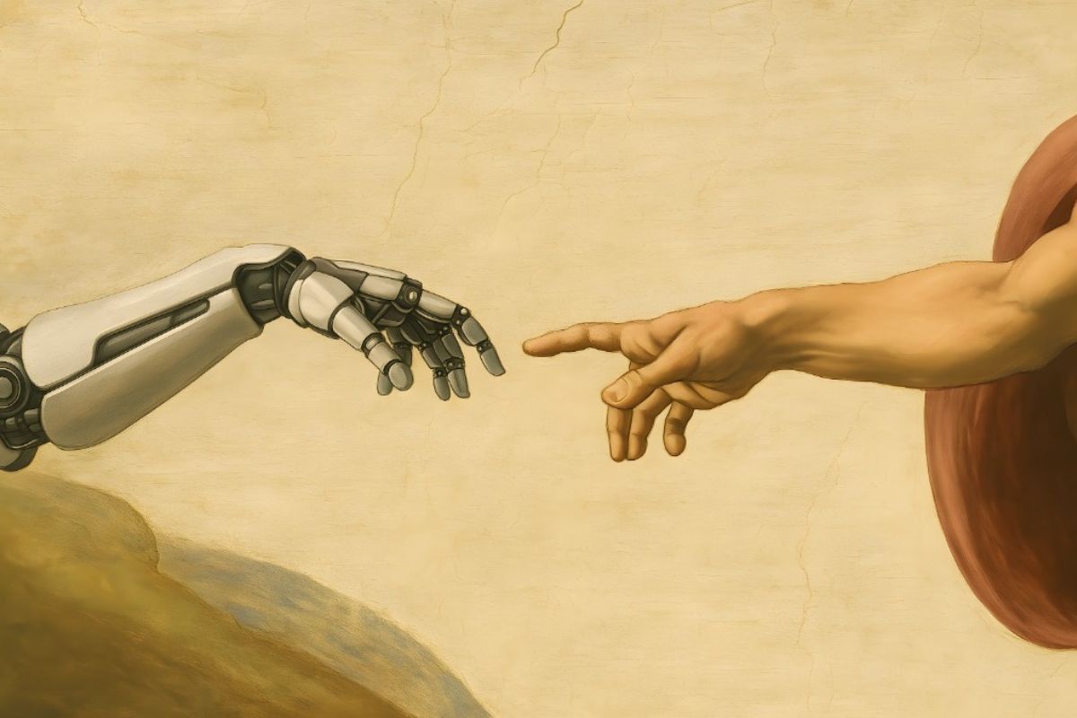 Releitura da pintura “A Criação de Adão”, onde a mão que representa a inteligência artificial toca a mão humana - Imagem gerada por IA