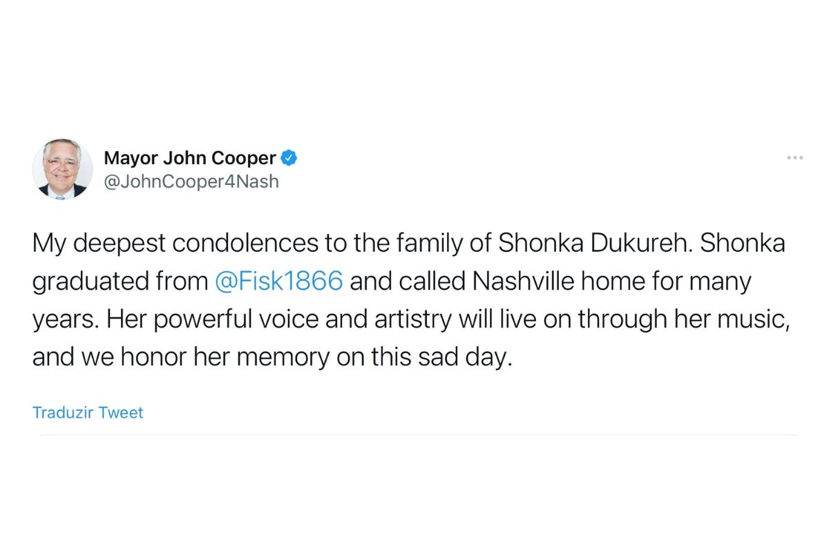Tweet do prefeito de Nashville sobre a morte de Shonda Dukureh