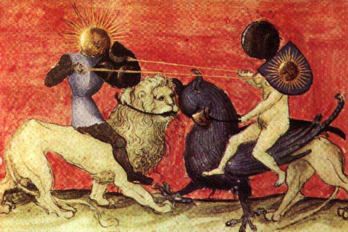 Iluminura do Aurora Consurgens (século XV) | Montados em um leão e em uma águia, figuras masculina e feminina representam a união dos opostos — força e elevação, terra e céu. Expressa o ideal alquímico da integração dos contrários como caminho para a transmutação interior - Imagem: Reprodução
